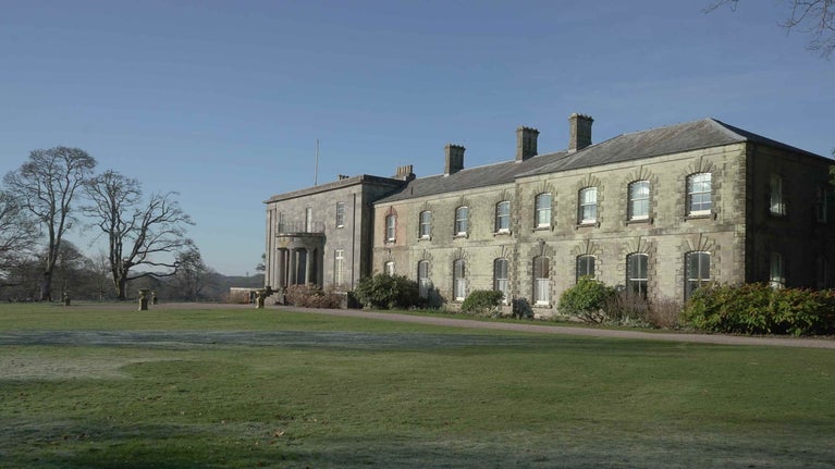A lawn in front of a mansion with the blue sky and trees behind